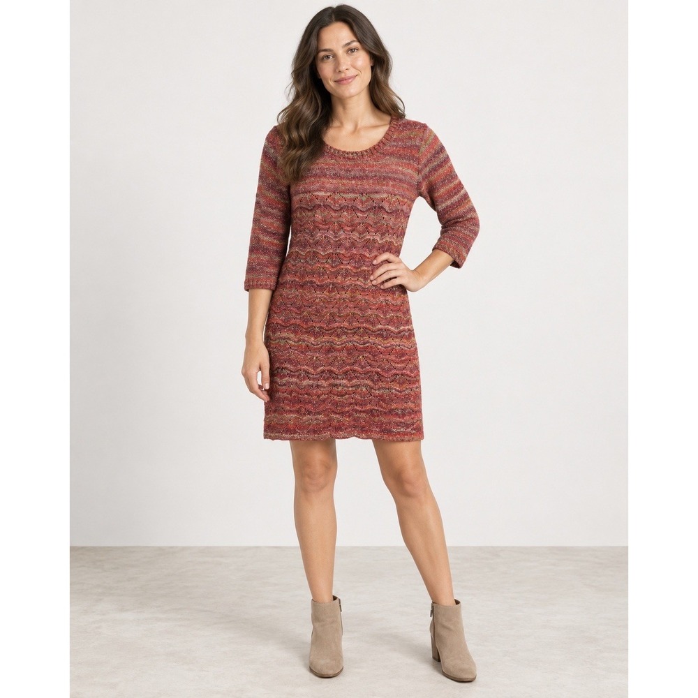 Kensie Women's Large Multicolor Space Dye Knit Sweater Dress Boho 3/4 Sleeve
